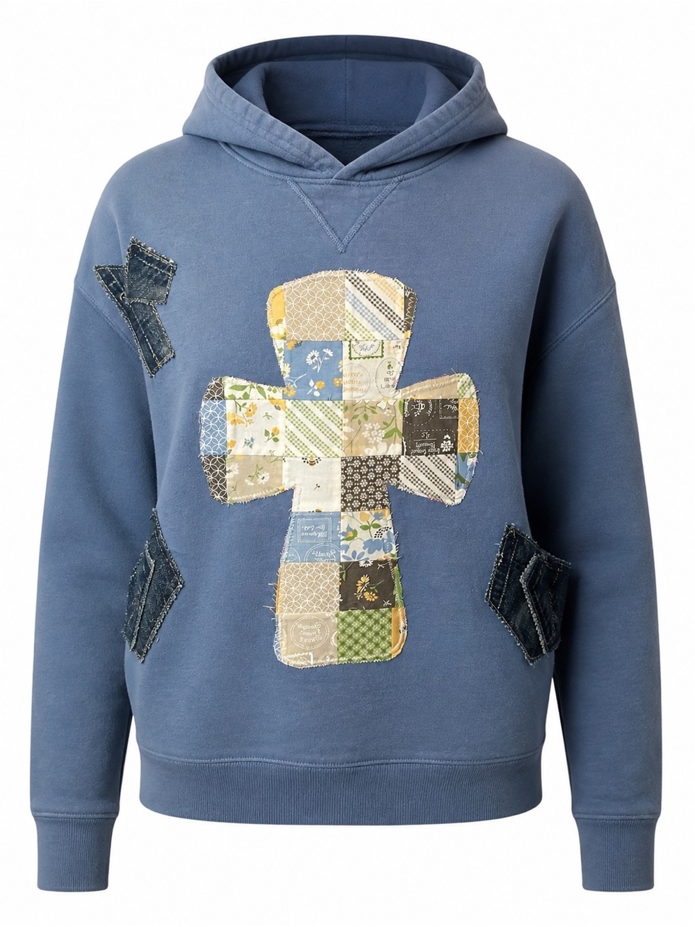 Blue Pullover Hoodie with Patchwork Cross
